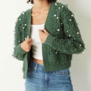 Mighty Fine Dark Green Pearl-Embellished Open-Front Holiday Cardigan Large